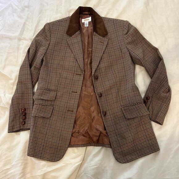 Talbots brown houndstooth blazer genuine suede leather collar 6P - Picture 1 of 2